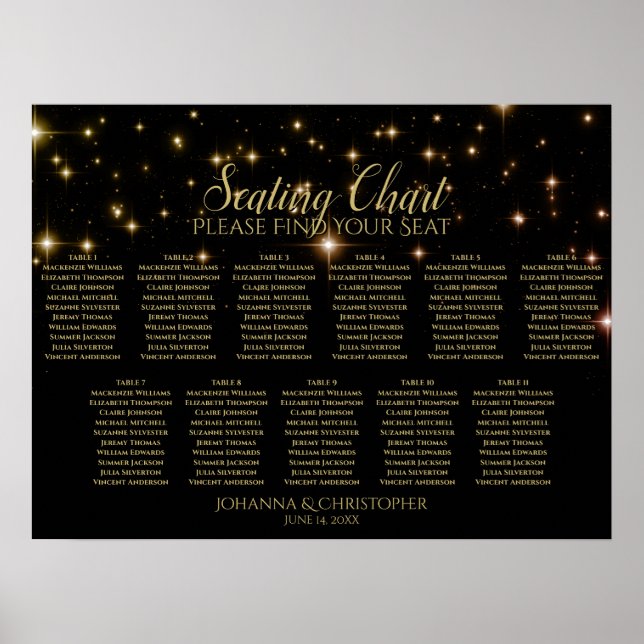11 Table Wedding Seating Chart Black & Gold Stars (Front)