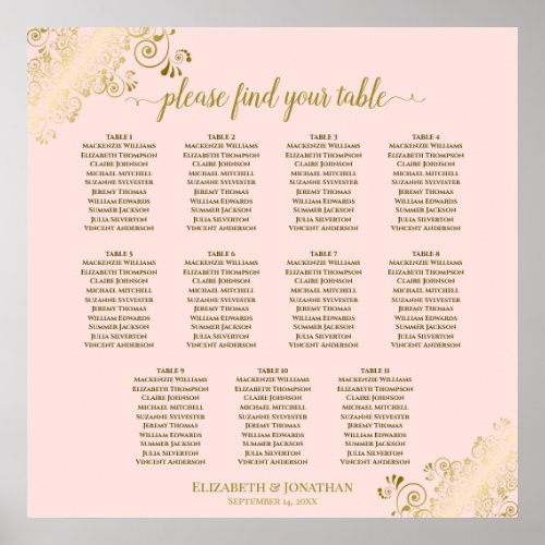 11 Table Wedding Seating Chart Blush Pink  Gold
