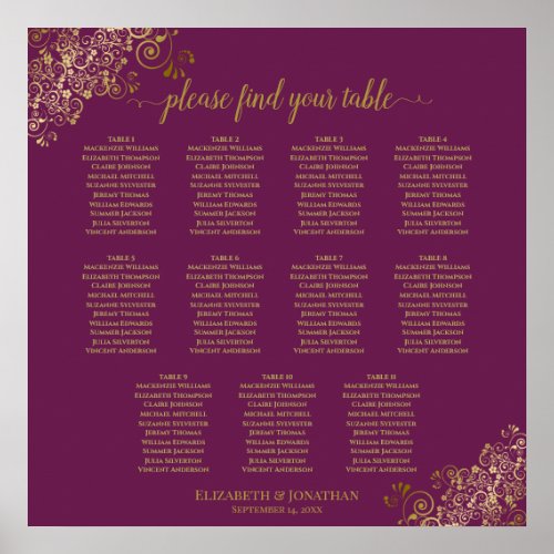 11 Table Wedding Seating Chart Cassis Purple Gold