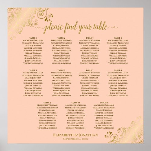 11 Table Wedding Seating Chart Coral Peach  Gold