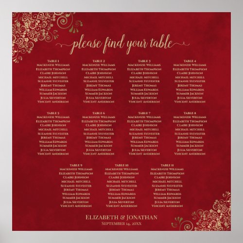 11 Table Wedding Seating Chart Crimson Red  Gold