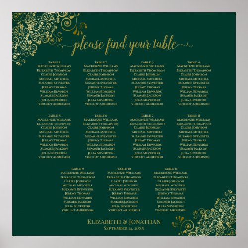 11 Table Wedding Seating Chart Emerald Green Gold