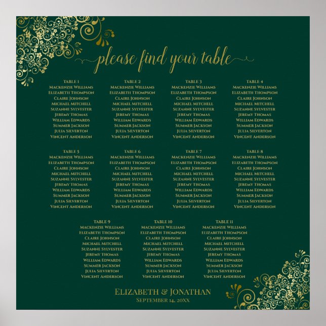 11 Table Wedding Seating Chart Emerald Green Gold (Front)