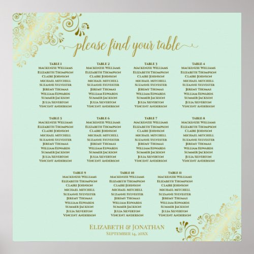 11 Table Wedding Seating Chart Mint Green  Gold