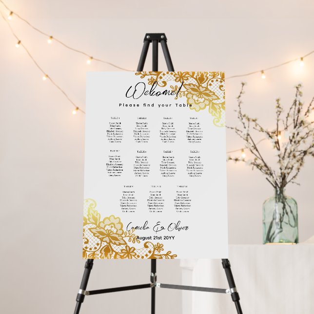 11 Table Wedding Seating Chart White Gold Lace Foam Board (In Situ (Stand))