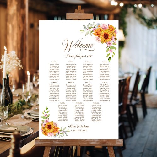 11 Table Yellow Pink Floral Wedding Seating Chart