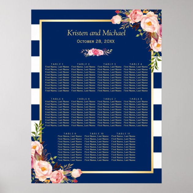 11 Tables Wedding Seating Chart | Navy Blue Floral Poster