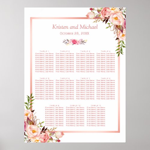 11 tables Wedding Seating Chart  Rose Gold Floral