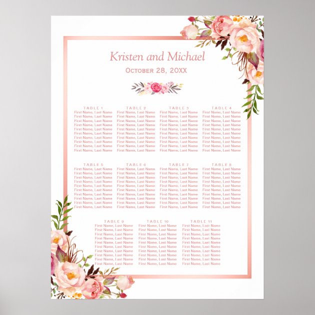 11 Tables Wedding Seating Chart | Rose Gold Floral