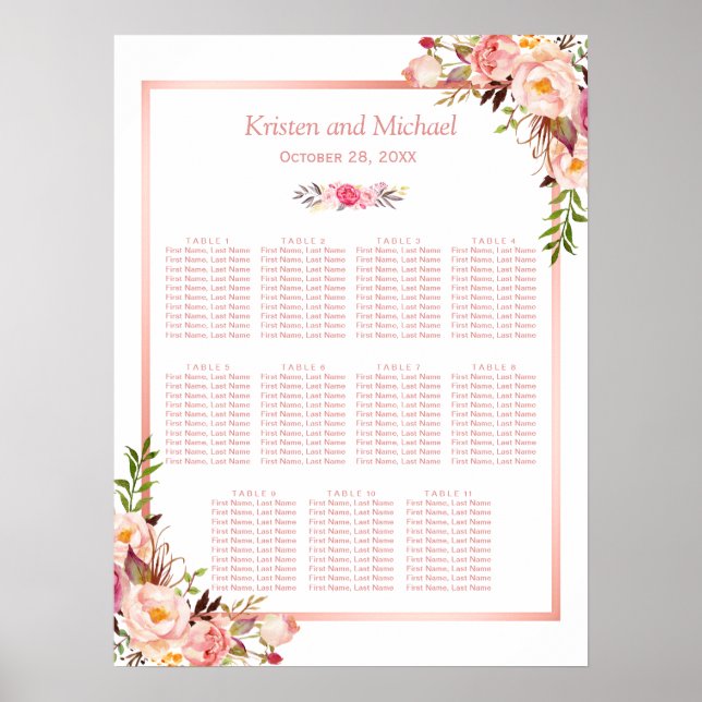 11 tables Wedding Seating Chart | Rose Gold Floral (Front)
