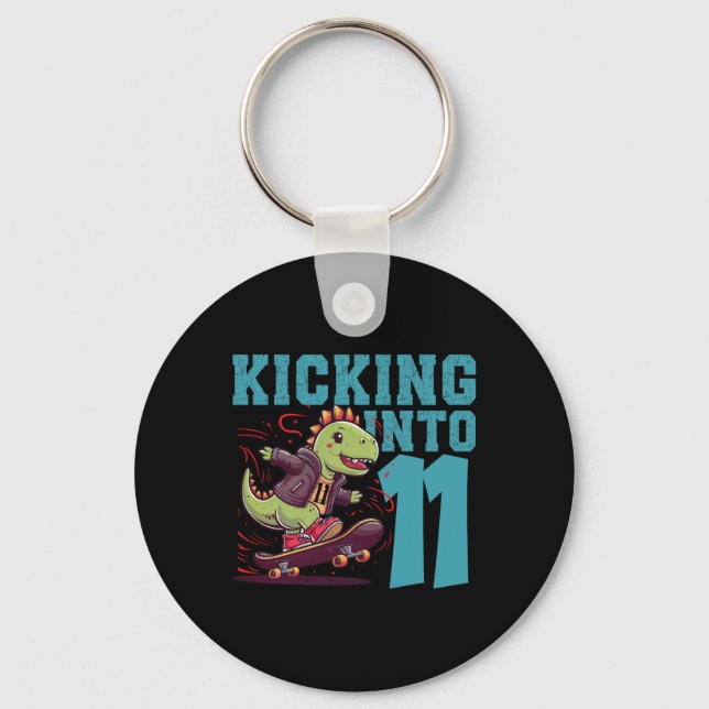 11 Year Old Skater Skateboarding T-rex Dinosaur Bi Keychain (Front)