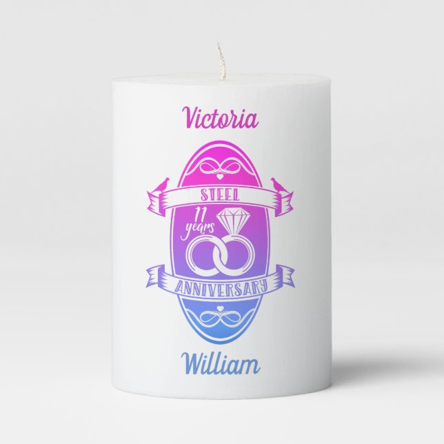 11 Year traditional Steel 11th wedding anniversary Pillar Candle (Front)