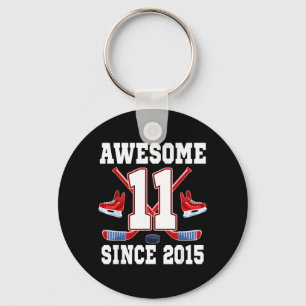 11 Years Awesome Since 2015 Hockey Theme Birthday Keychain