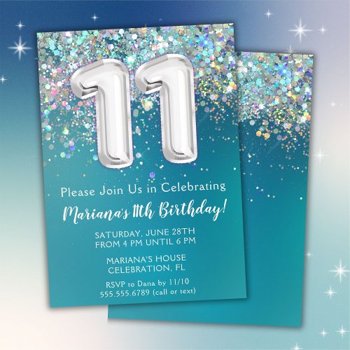 11rd Birthday Invitation Teal Silver Glitter