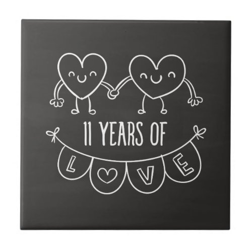 11th Anniversary Gift Chalk Hearts Ceramic Tile