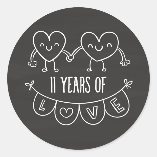 11th Anniversary Gift Chalk Hearts Classic Round Sticker (Front)