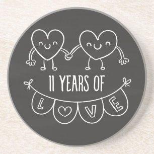 11th Anniversary Gift Chalk Hearts Sandstone Coaster