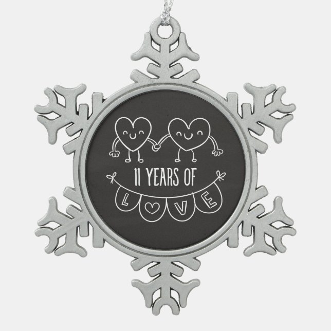 11th Anniversary Gift Chalk Hearts Snowflake Pewter Christmas Ornament (Front)