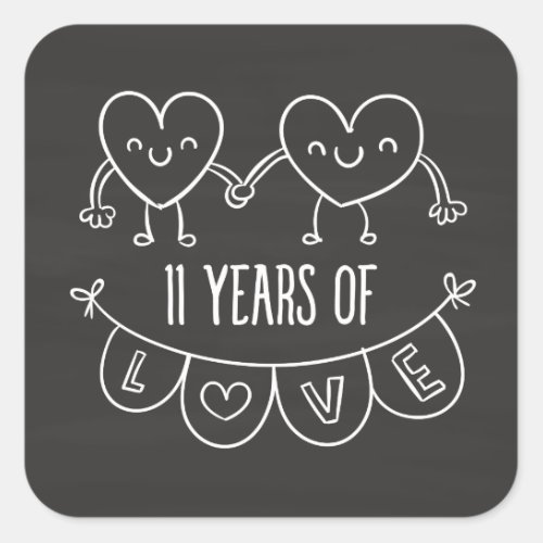 11th Anniversary Gift Chalk Hearts Square Sticker