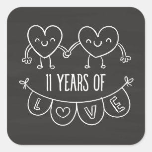 11th Anniversary Gift Chalk Hearts Square Sticker
