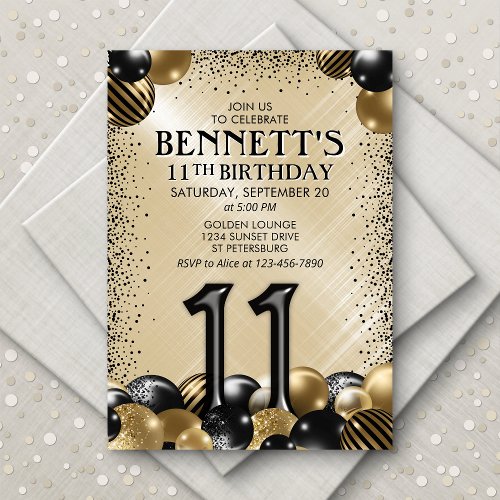 11th Balloons Black Gold Birthday Invitation