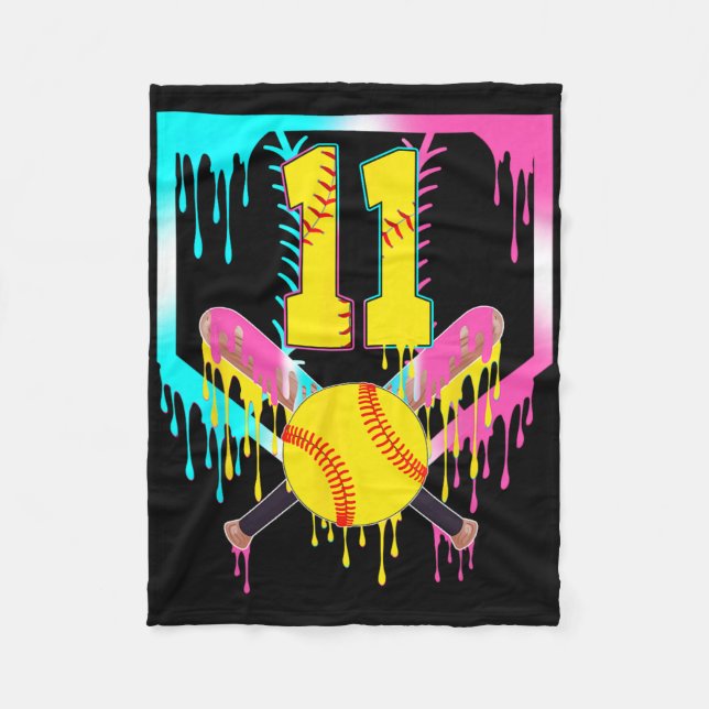 11th Bday Softll Home Plate Drip Ice Cream 11 Year Fleece Blanket (Front)