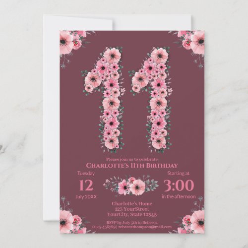 11th Big Birthday Girl Pink Flowers Green Foliage Invitation