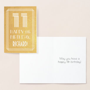 11th Birthday – Art Deco Inspired Look "11" + Name Foil Card