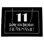 [ Thumbnail: 11th Birthday: Art Deco Inspired Style "11", Name Gift Bag ]