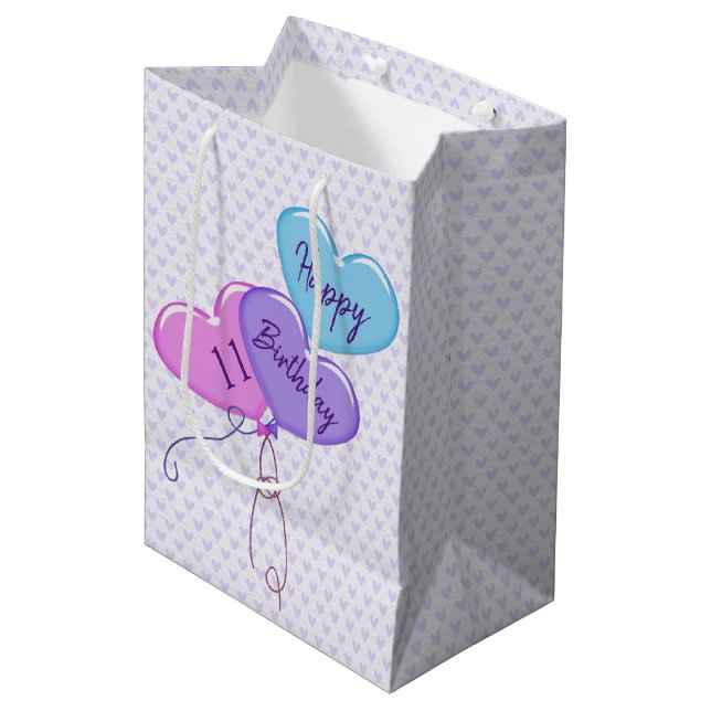 11th Birthday Balloons and Hearts Medium Gift Bag (Front Angled)