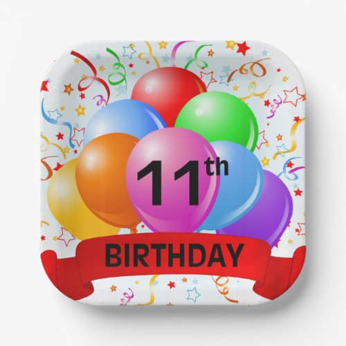 11th Birthday Balloons Banner Paper Plates