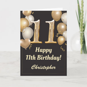 11th Birthday Black and Gold Balloons Confetti Card