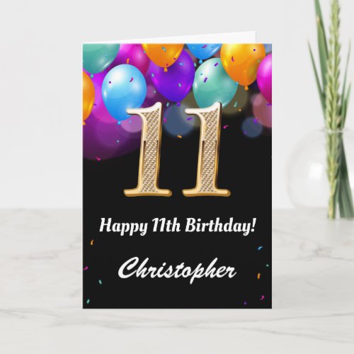 11th Birthday Black and Gold Colorful Balloons Card