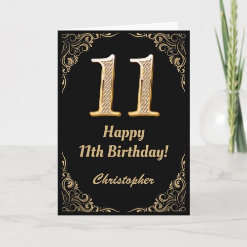 11th Birthday Black and Gold Glitter Frame Card