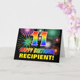 11th Birthday: Bold, Fun, Fireworks, Rainbow 11 Card