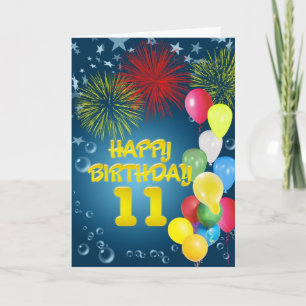 11th Birthday card with fireworks and balloons