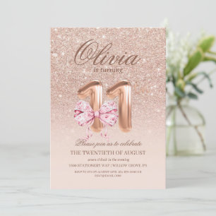 11th Birthday Chic Rose Pink Gold  Bow Birthday Invitation