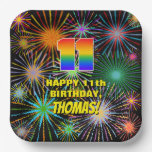 [ Thumbnail: 11th Birthday: Colorful, Fun Celebratory Fireworks Paper Plates ]