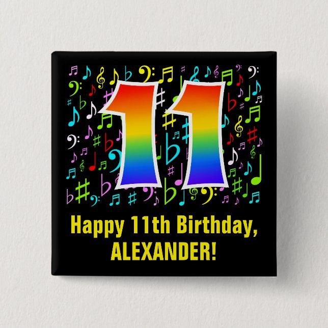 11th Birthday: Colorful Music Symbols, Rainbow 11 Button (Front)