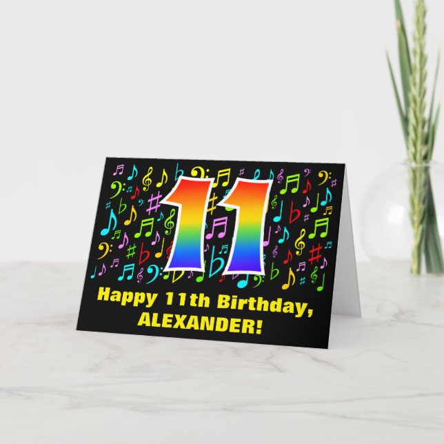 11th Birthday: Colorful Music Symbols & Rainbow 11 Card (Front)