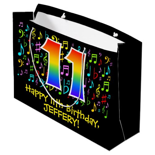 11th Birthday _ Colorful Music Symbols Rainbow 11 Large Gift Bag