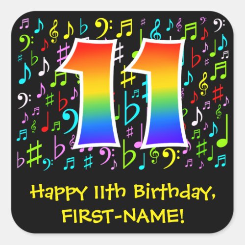 11th Birthday Colorful Music Symbols Rainbow 11 Square Sticker