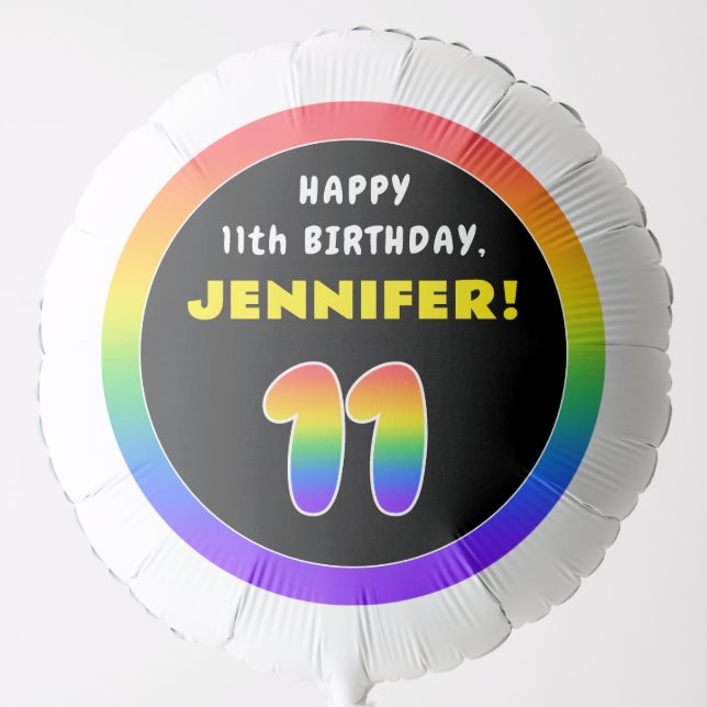 11th Birthday: Colorful Rainbow # 11, Custom Name Balloon (Front)