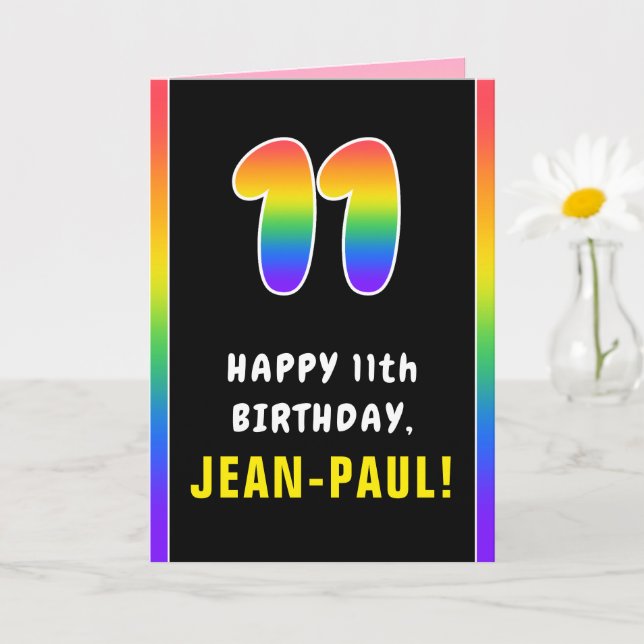 11th Birthday: Colorful Rainbow # 11, Custom Name Card (Small Plant)