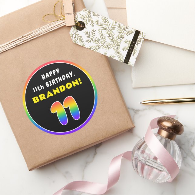 11th Birthday: Colorful Rainbow # 11, Custom Name Classic Round Sticker (Gifting)