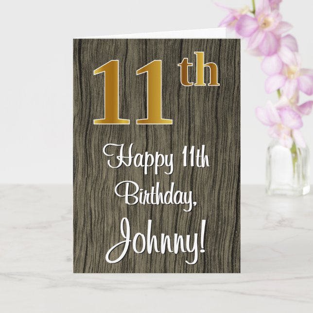 11th Birthday: Elegant Faux Gold Look #, Faux Wood Card (Orchid)