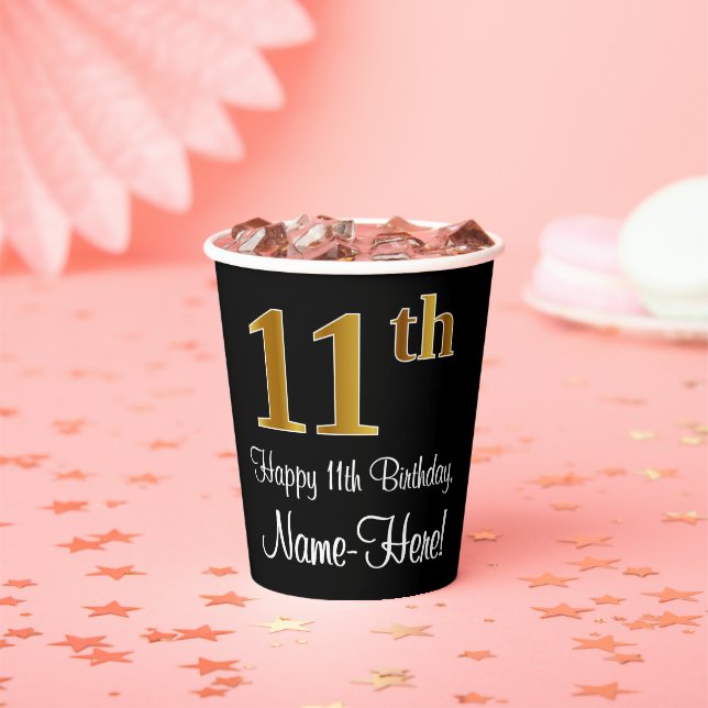 11th Birthday - Elegant Luxurious Faux Gold Look # Paper Cups (Insitu)
