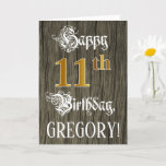 [ Thumbnail: 11th Birthday: Faux Gold Look + Faux Wood Pattern Card ]