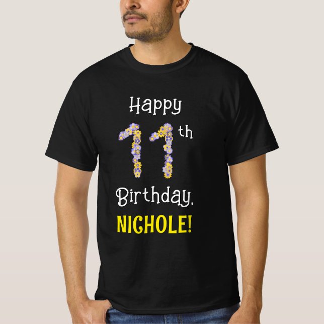 11th Birthday: Floral Flowers Number “11” + Name T-Shirt (Front)