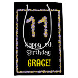 [ Thumbnail: 11th Birthday: Floral Flowers Number, Custom Name Gift Bag ]